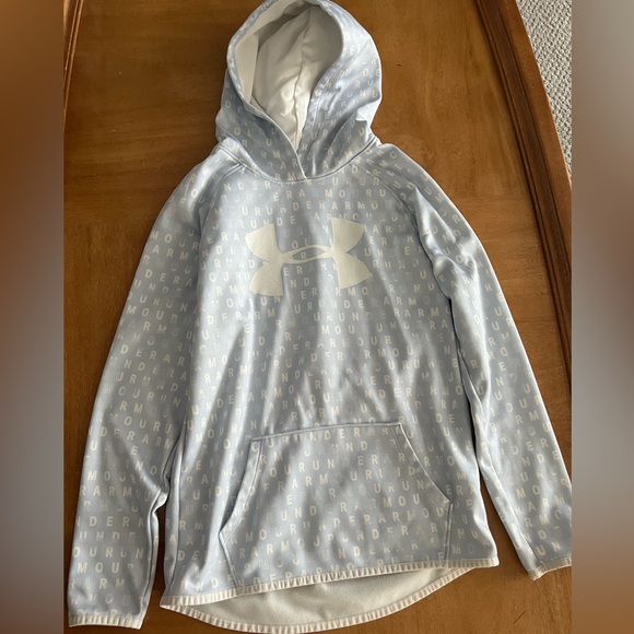 Under Armour Cold Gear Girls Yth Large Hooded Sweatshirt, pale blue UA letters - Picture 1 of 8
